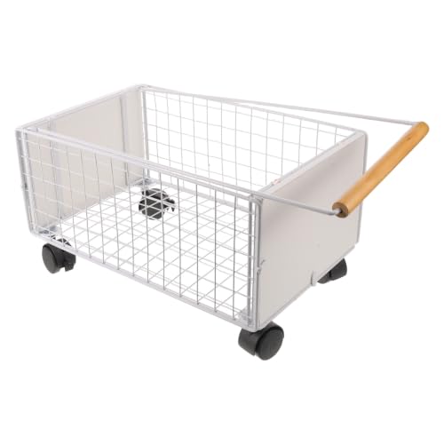 FELTECHELECTR Mobile Rolling Book Cart with Swivel Wheels and Pull Rod, White Iron and Wood Storage Basket for Books and Document Bins, Portable Organizer for Library and Classroom Use,