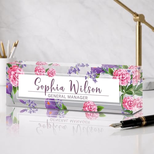 Feraurae Personalized Name Plate for Desk Custom Desk Name Plate Acrylic Office Desk Accessories Decor for Women Teacher Nurse Boss Employee Appreciation Gifts for Mother Pink Floral Name Plates