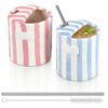Ferrochef 2 Pack Ceramic Coffee Mug with Sip Hole Espresso Cup 10oz with Straws Retro Hand Painted Striped Ceramic Iced Coffee Tea Travel Mug Latte Cup for Kitchen Dining (Simple,Light Blue,Pink)
