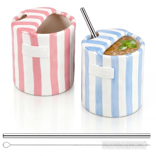 Ferrochef 2 Pack Ceramic Coffee Mug with Sip Hole Espresso Cup 10oz with Straws Retro Hand Painted Striped Ceramic Iced Coffee Tea Travel Mug Latte Cup for Kitchen Dining (Simple,Light Blue,Pink)
