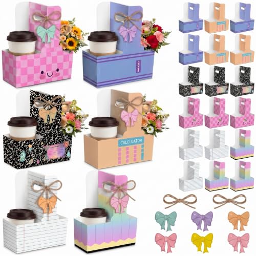 Ferrochef 30 Set Pastel Classroom Stationery 2 Cup Drink Carrier with Greeting Bow Card Back to School Teacher Gifts Ribbon Calculator, Ginghams, Stripes Composition Cup Holders with Handle
