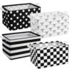 Ferrochef 4 Pcs Black and White Canvas Storage Basket with Handles Foldable Fabric Container Box for Classroom Office Bedroom Shelves Closet Cloth Toy Organizer