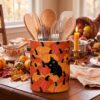 Ferrochef Fall Pumpkin Ceramic Utensil Holder for Kitchen Counter, Orange Pumpkin Pattern Kitchen Utensil Crock, Farmhouse Thanksgiving Countertop Organizer with Non-Slip Pad, 5" x 6"