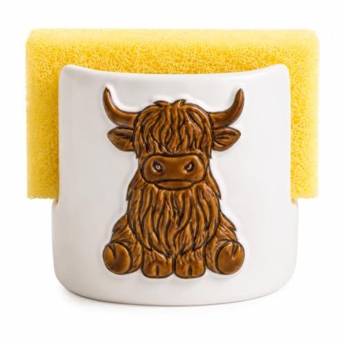 Ferrochef Farmhouse Highland Cow Ceramic Sponge Holder for Kitchen Sink, 3.03 x 3.94 in Cute Cow Dish Sponge Holder with Drainage Holes, Rustic Sink Organizer Gifts for Kitchen Decor