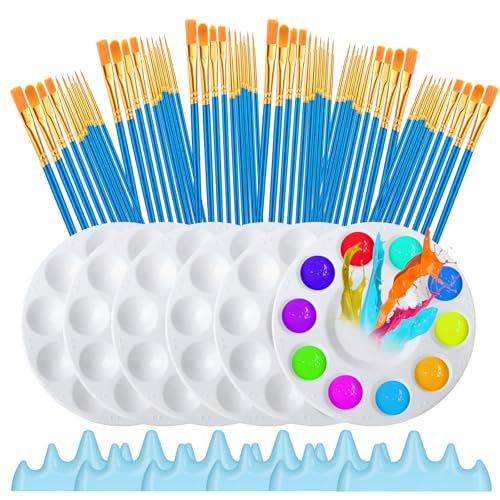 Fesorsi 72 Pcs Paint Brush and Palette Set, 60 Pieces Paint Brushes and 6 Palette, Paint Brushes Set with 6 Pen Holders Convenient Storage, for Watercolor Painting, Handicraft Painting