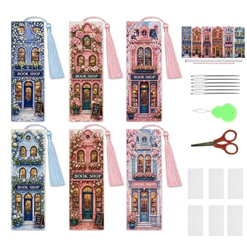 Festkulux 6-Pcs Bookshop Cross Stitch Bookmark Kit – DIY Embroidered Bookmarks with Tassels, Pink & Blue European Storefront Design, Beginner-Friendly Literary Accessories for Book Lovers