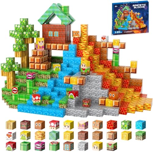 FGFXL Magnetic Blocks, 120-Piece 0.8in Building Magnet Adventure Game Set, Stacking Building Blocks Cubes Magnets for Kids, STEM Sensory Creative Toys Games for Toddler Boys & Girls