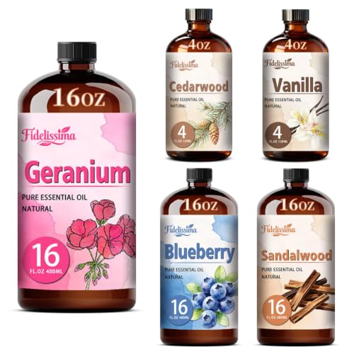 Fidelissima Natural Essential Oil Set,5 Scents Gift Kit–Geranium,Cedarwood,Vanilla,Blueberry,Sandalwood,Fragrance Oil for Diffuser,Candle Soap Making,Personal Care with Glass Dropper