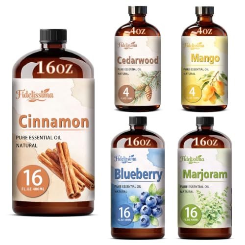 Fidelissima Natural Essential Oil Set,5 Scents Gift Kit –Cinnamon,Cedarwood,Mango,Blueberry,Marjoram,Fragrance Oil for Diffuser,Candle Soap Making,Personal Care with Glass Dropper