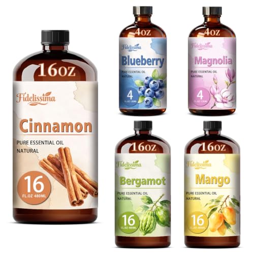 Fidelissima Natural Essential Oil Set,5 Scents Gift Kit –Cinnamon,Blueberry,Magnolia,Bergamot,Magnolia,Fragrance Oil for Diffuser,Candle Soap Making,Personal Care with Glass Dropper