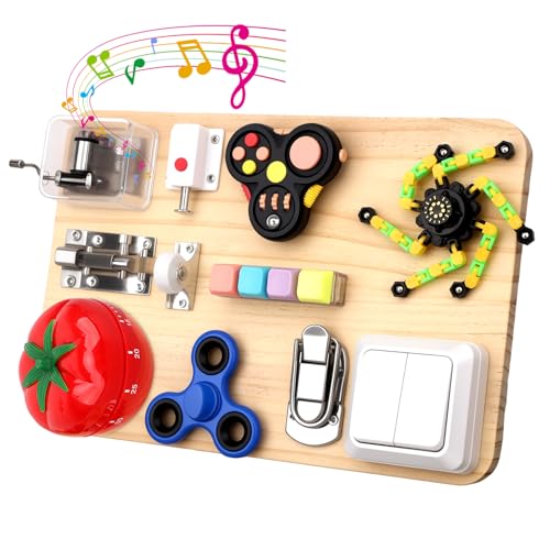 Fidget Spinner Pad Busy Board Toys Robot Fidget Spinner Music Box Switch Latches Keyboard Sensory 11 in 1 Wooden Montessori Travel Activity Board Focus Toy Motor Skills Gift for Girls Boys