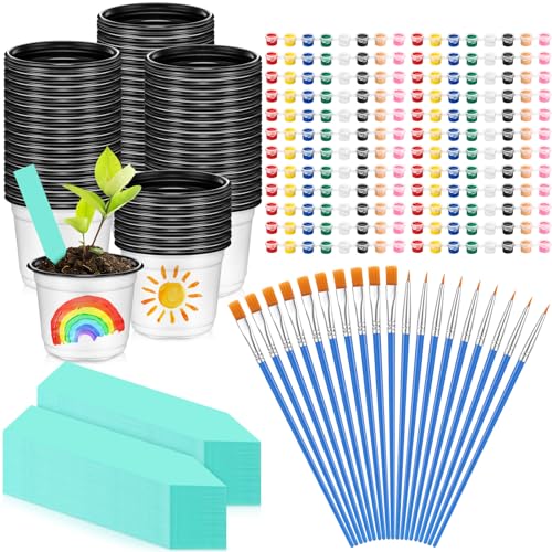 FillTouch 175 Pcs Mini Acrylic Paint Set for Gardening 50 Plastic Plant Pot Craft with Holes 25 Set Paint Strip with Brushes 100 Green Plant Label Your Own Pot for Gardening Activity