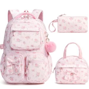 Fimibuke 3PCS Corduroy Backpack for School Girls with Lunch Box Pencil Case