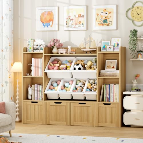 FINETONES 55.1’’ Toy Storage Organizer with 6 Toy Bins, Large Toy Organizer Kids Bookshelf with 4 Movable Drawers and 4 Cubbies, Toy Bins for Playroom Storage for Kids Room, Natural