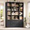 FINETONES 71" H Black Bookshelf with Doors, 6 Tier Tall Bookcase with Drawers, Triple Wide Large Bookshelves and Bookcases, Wood Book Shelf Storage Cabinet for Home Office, Black