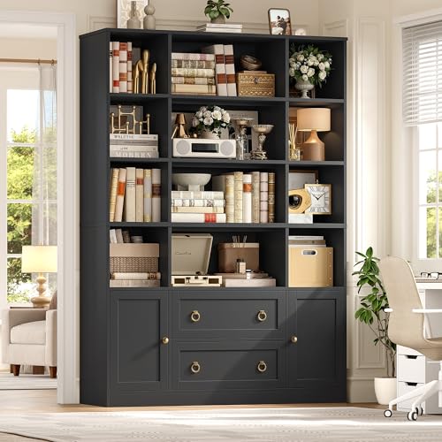 FINETONES 71" H Black Bookshelf with Doors, 6 Tier Tall Bookcase with Drawers, Triple Wide Large Bookshelves and Bookcases, Wood Book Shelf Storage Cabinet for Home Office, Black
