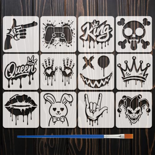 FINGERINSPIRE 12PCS Street Graffiti Stencils with a Brush 5.1x5.1inch Graffiti Lettering Painting Stencils Crown Skull Drawing Template for DIY Art Wood Wall Furniture Home Decoration