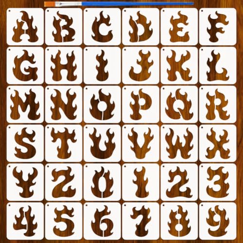 FINGERINSPIRE 36PCS Flame Letters Stencils with A Paint Brush 3.9x3.9inch A-Z Letter and 0-9 Number Stencils Plastic Alphabet Spray Paint Stencil Letters Theme Template for Painting on Wood Wall