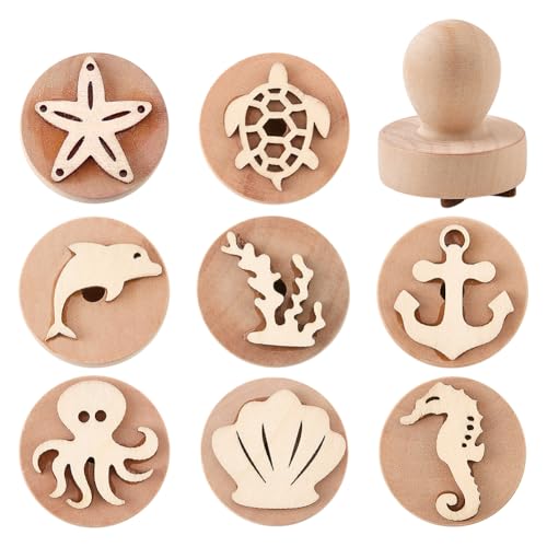 FINGERINSPIRE 8PCS Wooden Stamps Set 1.69x1.5inch Ocean Theme Round Wood Stamps with Handle Sea Turtle Starfish Patterns Stamp for Post Decoration Holiday DIY Card Making and Craft Projects