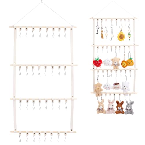 FINGERINSPIRE Hanging Display Storage Shelves with 32pcs Detachable Hooks Wood & PU Leather Beige Over the Door Organizer 4-Tier Wall Mounted Display Rack for Scrunchies & Headbands