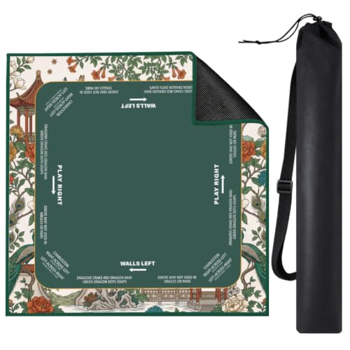 FINGERINSPIRE Mahjong Table Mat 33x33inch Chinese Courtyard Square Synthetic Rubber Tables Protector for Game Room Club Lounge Peacock and Floral Non-Slip Gaming Surface Cover with Storage Bag