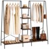 Finnhomy Clothes Rack for Hanging Clothes Freestanding Clothing Rack with 6 Wood Storage Shelves & 2 Rods Heavy Duty Garment Rack Portable Wardrobe Closet Organizer for Bedroom Closet Boutique,Rustic
