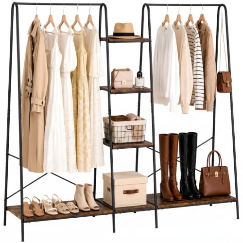 Finnhomy Clothes Rack for Hanging Clothes Freestanding Clothing Rack with 6 Wood Storage Shelves & 2 Rods Heavy Duty Garment Rack Portable Wardrobe Closet Organizer for Bedroom Closet Boutique,Rustic