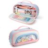 FINPAC Large Pencil Case Transparent Pocket - Corduroy Back | 40+ Pens Organizer | Zip Pocket | Wrist Strap (Pink and Blue)