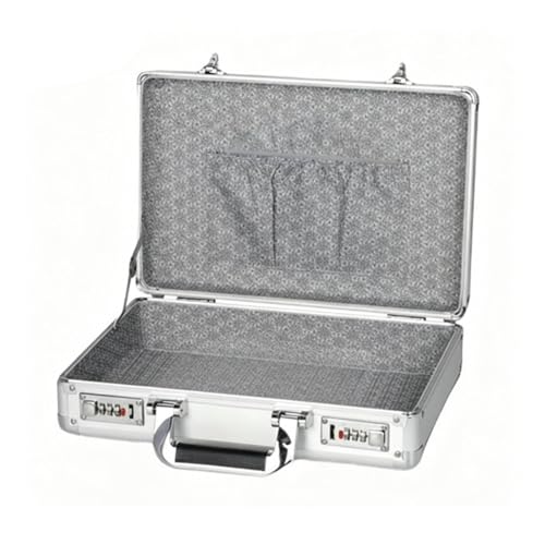 Fiocias Aluminum Storage Case Lock Box Organizer Briefcase Holder with A4 Document Storage and Jewelry Protection suitable for home use office organization travel, Bright Silver, S P-lock