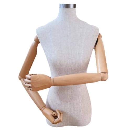 Fiocias Mannequin Torso Female Dress Form Display Bust with Flexible Wooden Arms Fiberglass Core Textured Cloth Pin Ready Tabletop Model Suitable for Retail Merchandising Photo Shoots