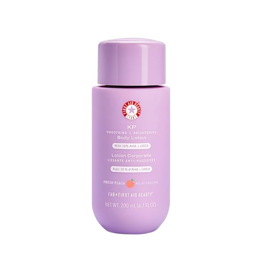 First Aid Beauty KP Smoothing + Brightening Body Lotion, 10% AHA with Lactic Acid, Urea & Colloidal Oatmeal, Exfoliate & Moisturize Keratosis Pilaris Bumps, Peach Scent, 6.7 fl oz
