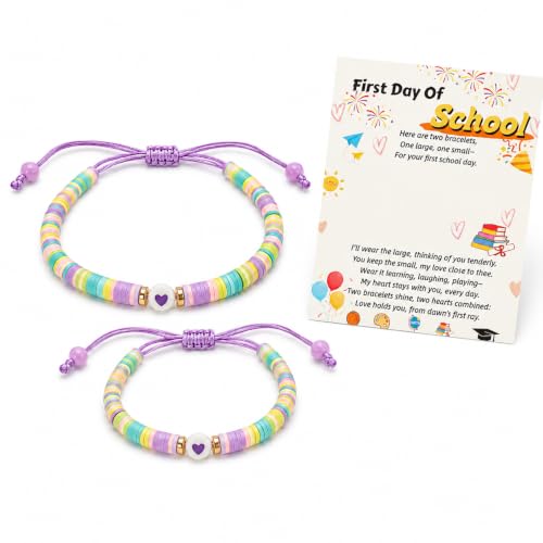 First Day of School Matching Bracelet Set - Back to School Gifts for Kindergarten Pre-K 1st Grade, Adjustable Heart Clay Bead Bracelets for Mom and Me, Family Matching Jewelry Set with Card (Purple-Cute)