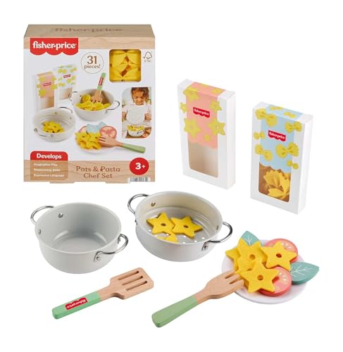 Fisher-Price Wood Pretend Cooking Set, Pots & Pasta Chef, 31 Pieces Play Food & Wooden Utensils for Preschool Kids Ages 3+ Years
