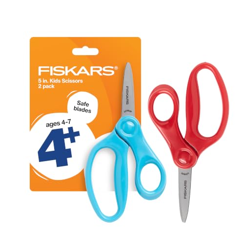 Fiskars 5" Kids Pointed-Tip Scissors for Ages 4-7, Safety-Edge Blades, Scissors for School or Crafting, Back to School Supplies, Designed for Kid's Hands, Turquoise & Red, 2-Pack