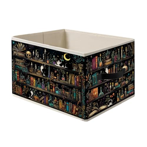 FITIE Witchy Gothic Tuxedo Cat Book Storage Bin Box with Handles, Book Reading Lover Decor and Gifts, Dark Academia Bookshelf Foldable Organizer Basket Toybox for Reading Room Library Home Books