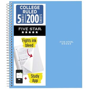 Five Star Spiral Notebook + Study App, 5 Subject, College Ruled Paper, 8-1/2" x 11", 200 Sheets, Fights Ink Bleed, Water Resistant Cover, Pacific Blue (73635)