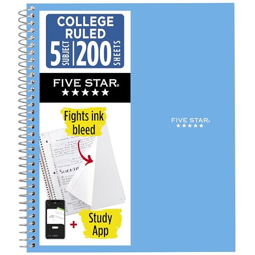 Five Star Spiral Notebook + Study App, 5 Subject, College Ruled Paper, 8-1/2" x 11", 200 Sheets, Fights Ink Bleed, Water Resistant Cover, Pacific Blue (73635)