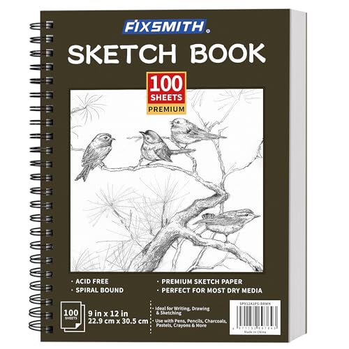 FIXSMITH 9"X12" Brown Sketch Book, 100 Sheets (68 lb/100gsm) Spiral Sketchbook, Acid Free Drawing Paper, Sketch Pad for Beginners,Artists & Professionals, Bright White
