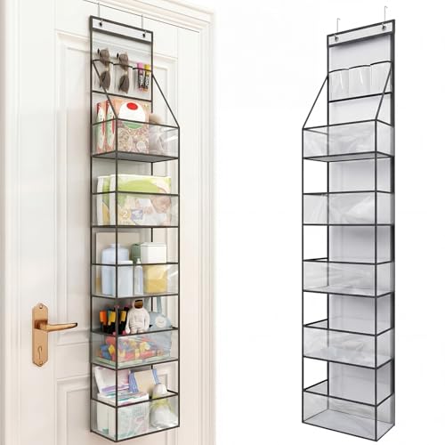 Fixwal 6-Shelf Over The Door Hanging Pantry Organizer Hanging Storage with Clear Plastic Pockets Behind The Door Storage Organizer with 3 Small PVC Pockets for Closet Bedroom Bathroom (Grey)