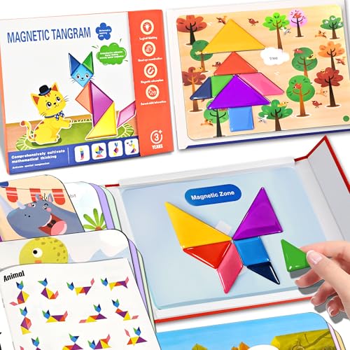 Flamax Magnetic Tangram for Kids Ages 4-8 with 30 Theme Pages & 368 Solutions Patterns Booklet & Metal Board, Magnetic Tangrams Puzzle for Kid, Magnet Tangrams Puzzle, Tangram for Kids Ages 4-8