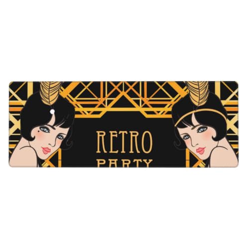 Flapper Girl Retro Party Invitation Design Charleston Beautiful Large Mouse Pad, 31.5x12 Inch Gaming Desk Mat, XXL Non-Slip Rubber Base Computer Pad with Durable Stitched Edges for Work and Play