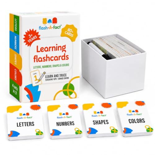 Flash a Fact Flash Cards for Toddlers | 80+ Real-Life Learning Flashcards with Wipeable Marker Tracing Practice, Alphabet, Numbers, Shapes & Colors, Preschool & Kindergarten Cards Ages 3+