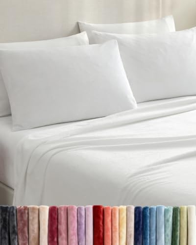 Fleece Sheets Full Size Set - 4-Piece Velvet Flannel Sheet Set - Super Soft Fleece Bedding - 1 Flat & 1 Fitted and 2 Pillowcases - Cozy Warm, Comfy & Plush - Deep Pockets, Fuzzy & Anti-Static - White