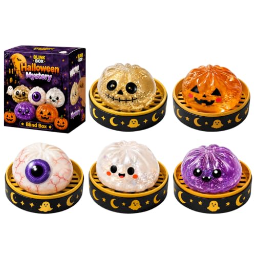 FlekmanArt Dumplings Stress Balls for Adults Cute Halloween Decor Fidget Toy with Steamer, Ghost Bao Bun Squishes for Anxiety Relief Halloween Spooky Glitter Dumpling Squishies Toys,1pc
