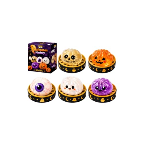 FlekmanArt Dumplings Stress Balls for Adults Ghost Bao Bun Squishes for Anxiety Relief Cute Halloween Decor Fidget Toy with Steamer, Halloween Spooky Glitter Dumpling Squishies Toys,5pc