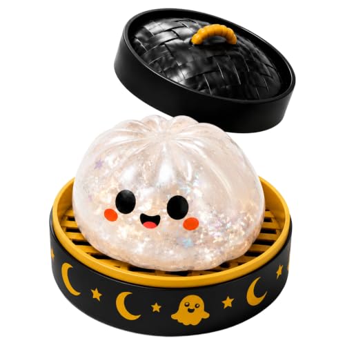 FlekmanArt Ghost Bao Bun Squishes for Anxiety Relief Halloween Spooky Glitter Dumpling Squishies Toys, Cute Halloween Decor Dumplings Stress Balls for Adults Fidget Toy with Steamer,1pc
