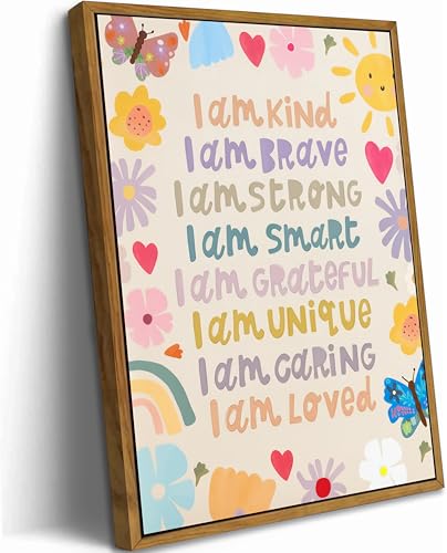 Floating Framed Child Inspirational Canvas Wall Art, Positive Affim Painting Picture Wall Decor, Floral Sunshine Butterfly Poster Print Artwork for Children Bedroom Classroom Home Decoration 16x24in