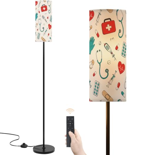 Floor Lamp Medical Healthcare Seamless Stethoscopes Syringes Pills First Aid Dimmable Modern Standing Lamp with Lampshade Remote Footswitch Tall Pole Corner Lamp for Living Room Bedroom Office