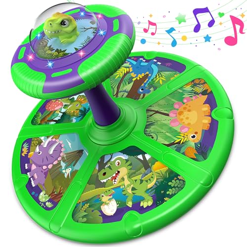 Flooyes Dinosaur Sit and Spin Toys for Toddlers Boys 1 2 3 Years Old, Birthday Gift for Boys Age 2-4 with LED Lights and Music, 360° Spin