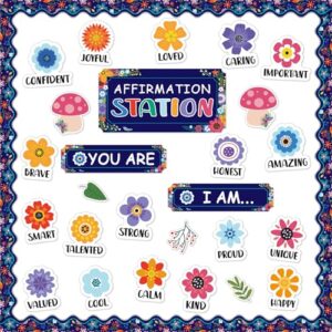 Floral Affirmation Station Bulletin Board Set Flowers Motivational Poster for Classroom Decors I Am Positive Affirmations Accent Cutout Inspirational Bulletin Board for Home School Teacher Wall Supply